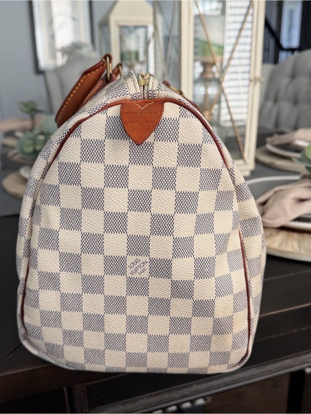 Classic Checkered Travel Bag Speedy 35 in Cream & Gray with Brown Trim - Picture 3 of 15